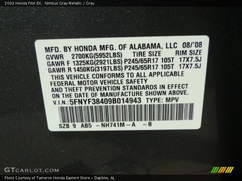 Nimbus Gray Metallic / Gray 2009 Honda Pilot EX