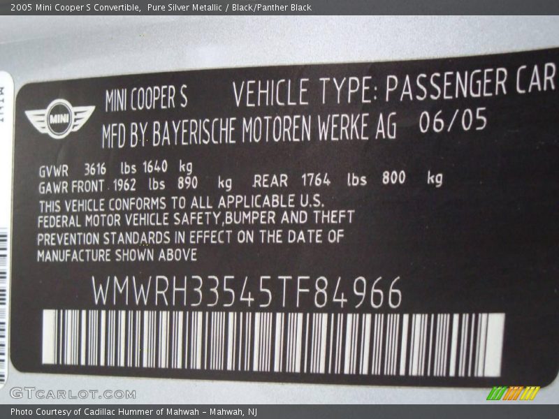 Pure Silver Metallic / Black/Panther Black 2005 Mini Cooper S Convertible