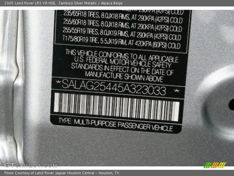 Info Tag of 2005 LR3 V8 HSE