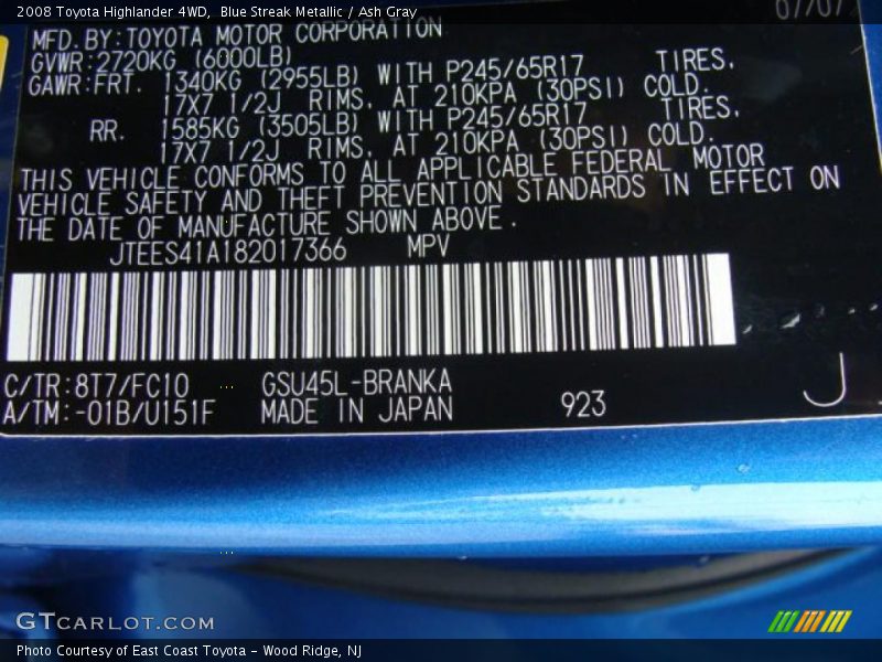 Blue Streak Metallic / Ash Gray 2008 Toyota Highlander 4WD