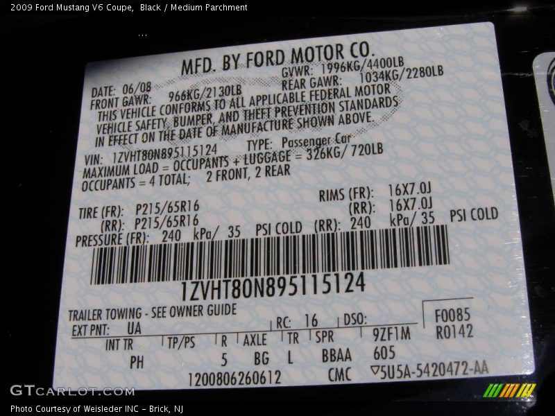 Black / Medium Parchment 2009 Ford Mustang V6 Coupe