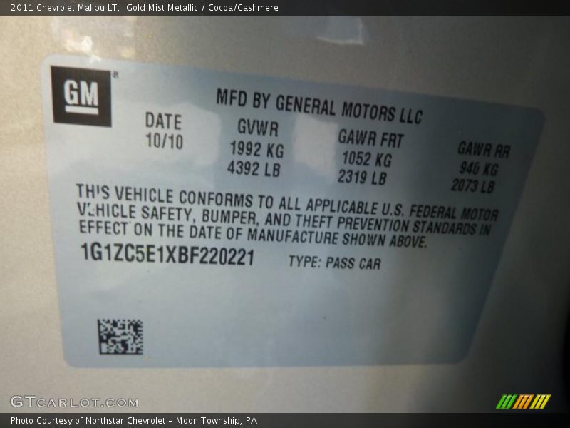 Gold Mist Metallic / Cocoa/Cashmere 2011 Chevrolet Malibu LT