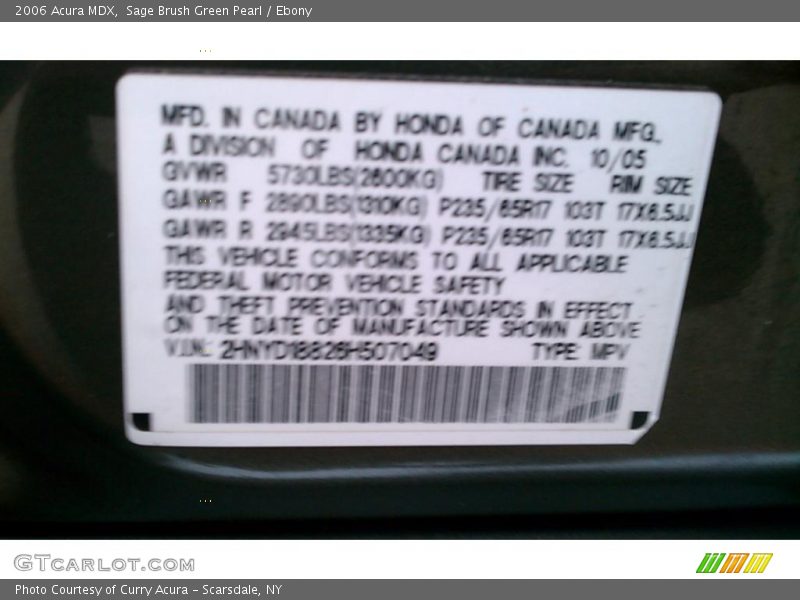 Info Tag of 2006 MDX 