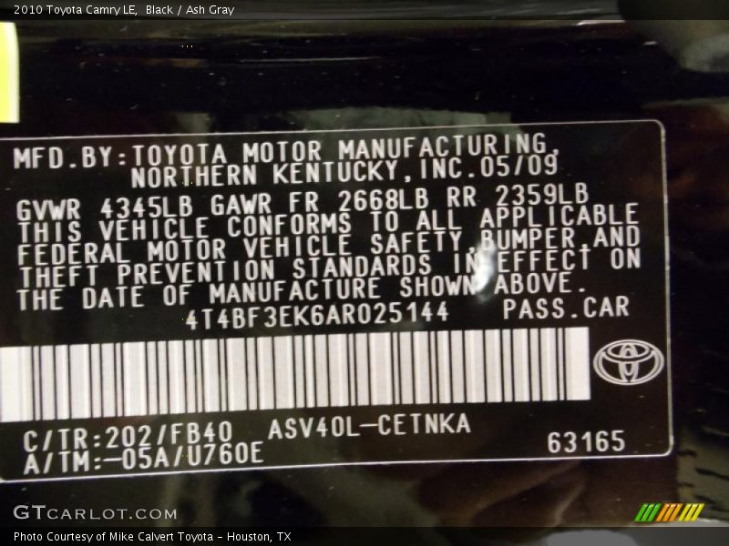 Black / Ash Gray 2010 Toyota Camry LE