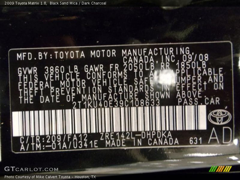 Black Sand Mica / Dark Charcoal 2009 Toyota Matrix 1.8