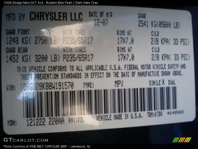 Modern Blue Pearl / Dark Slate Gray 2008 Dodge Nitro SXT 4x4