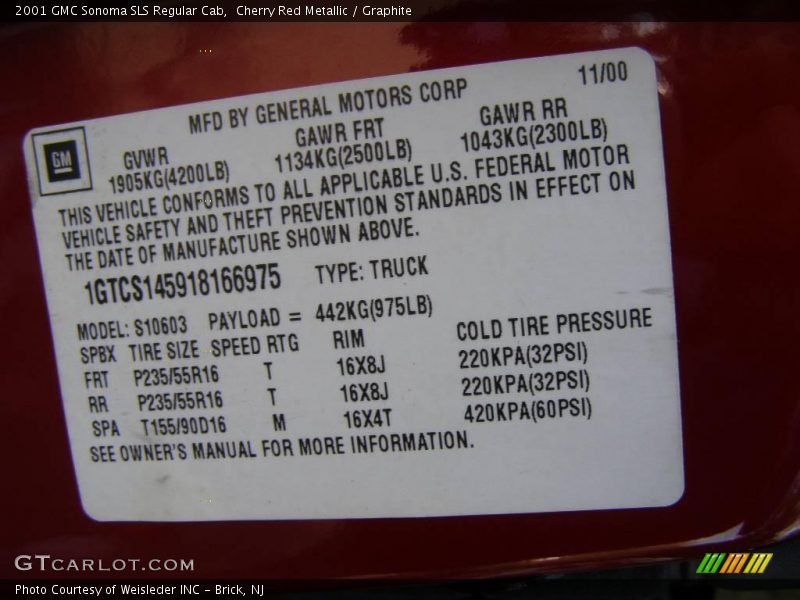 Cherry Red Metallic / Graphite 2001 GMC Sonoma SLS Regular Cab