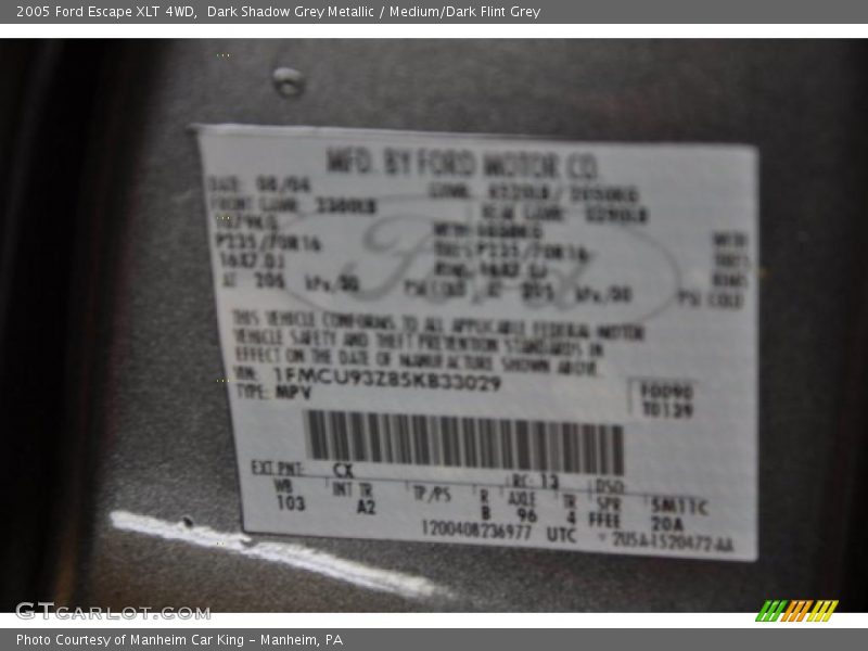 Dark Shadow Grey Metallic / Medium/Dark Flint Grey 2005 Ford Escape XLT 4WD