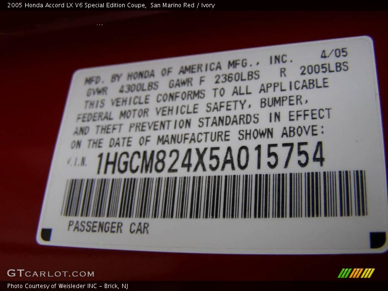 San Marino Red / Ivory 2005 Honda Accord LX V6 Special Edition Coupe
