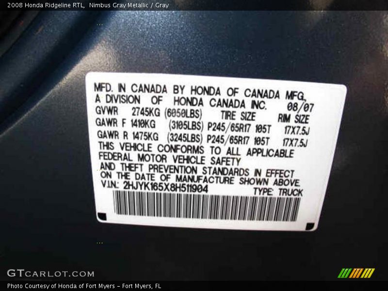 Info Tag of 2008 Ridgeline RTL
