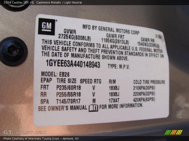 Info Tag of 2004 SRX V8