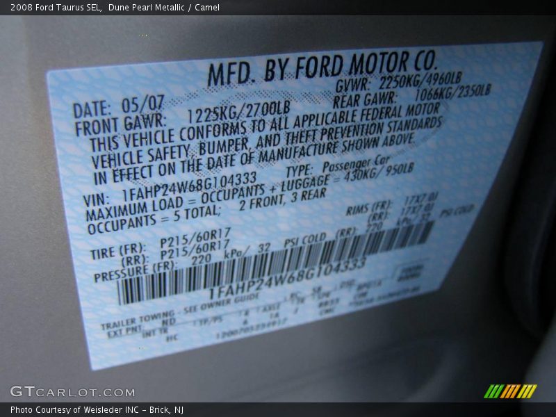 Dune Pearl Metallic / Camel 2008 Ford Taurus SEL