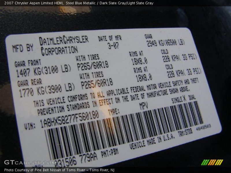 Steel Blue Metallic / Dark Slate Gray/Light Slate Gray 2007 Chrysler Aspen Limited HEMI