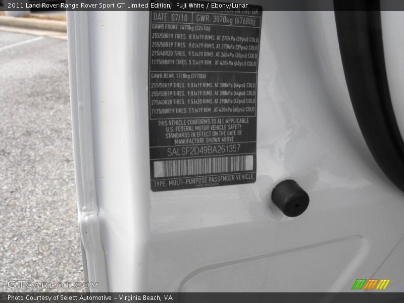 Info Tag of 2011 Range Rover Sport GT Limited Edition