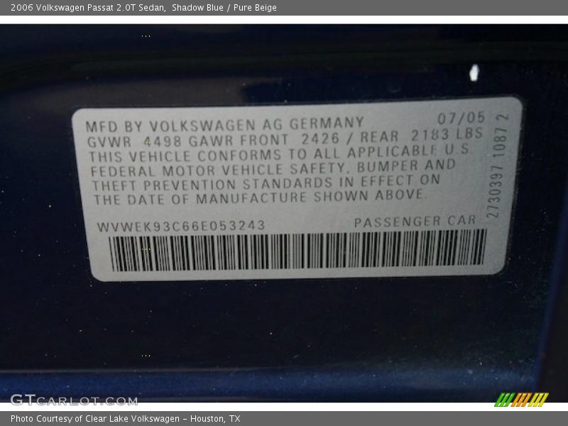 Shadow Blue / Pure Beige 2006 Volkswagen Passat 2.0T Sedan
