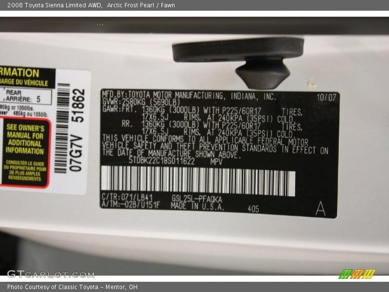 Arctic Frost Pearl / Fawn 2008 Toyota Sienna Limited AWD