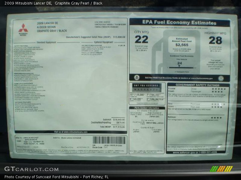 Graphite Gray Pearl / Black 2009 Mitsubishi Lancer DE