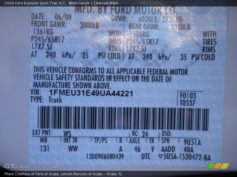 2009 Explorer Sport Trac XLT White Suede Color Code WS