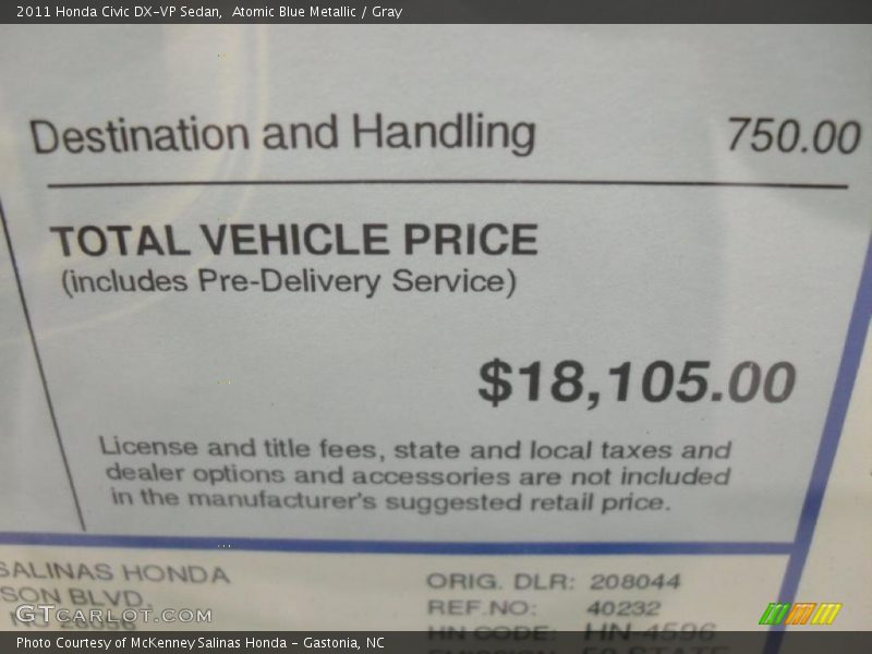 Atomic Blue Metallic / Gray 2011 Honda Civic DX-VP Sedan