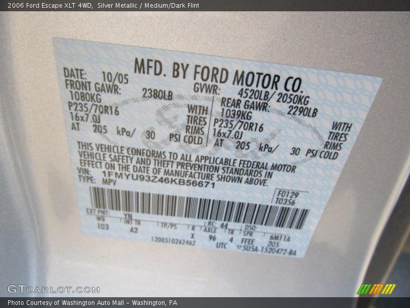 2006 Escape XLT 4WD Silver Metallic Color Code YN