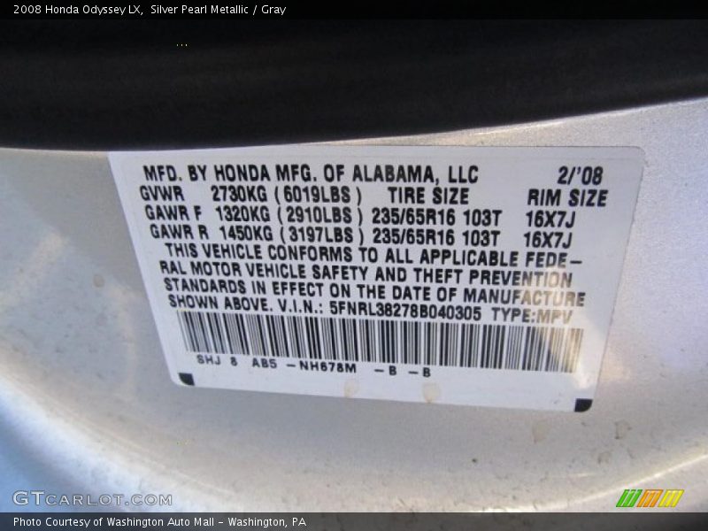 Silver Pearl Metallic / Gray 2008 Honda Odyssey LX