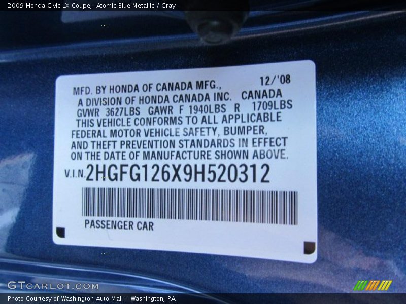 Atomic Blue Metallic / Gray 2009 Honda Civic LX Coupe
