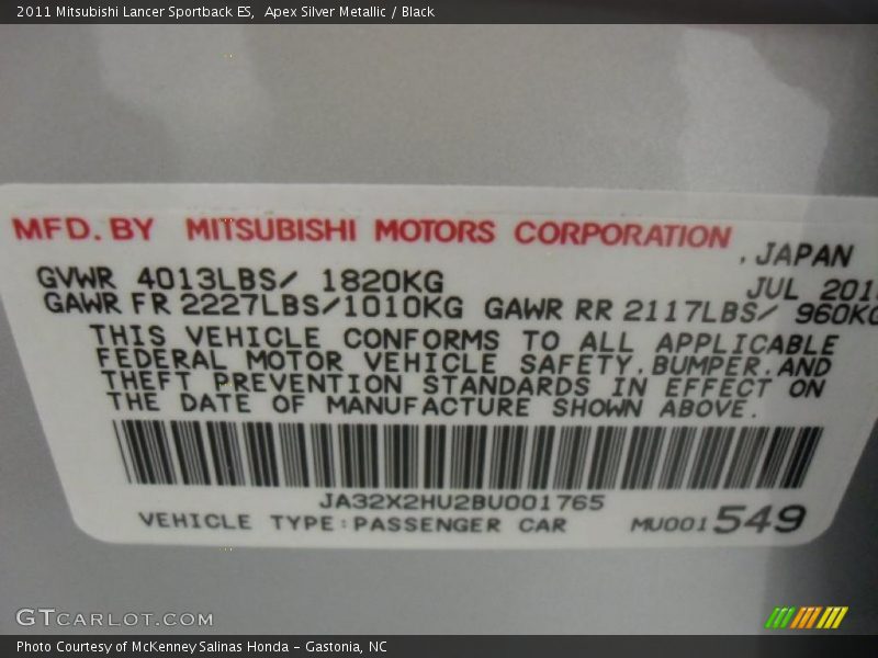 Apex Silver Metallic / Black 2011 Mitsubishi Lancer Sportback ES