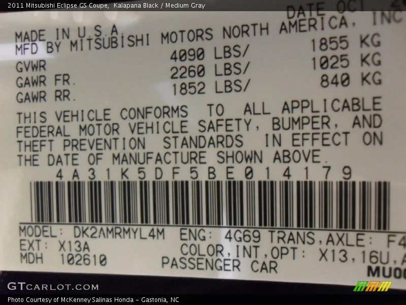 Info Tag of 2011 Eclipse GS Coupe
