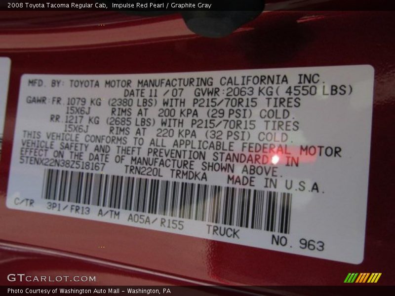 Impulse Red Pearl / Graphite Gray 2008 Toyota Tacoma Regular Cab