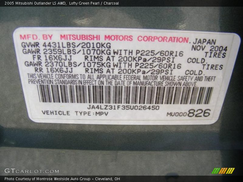 Info Tag of 2005 Outlander LS AWD