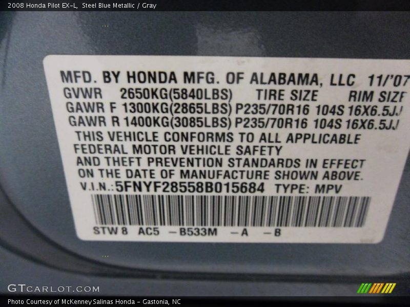 Steel Blue Metallic / Gray 2008 Honda Pilot EX-L