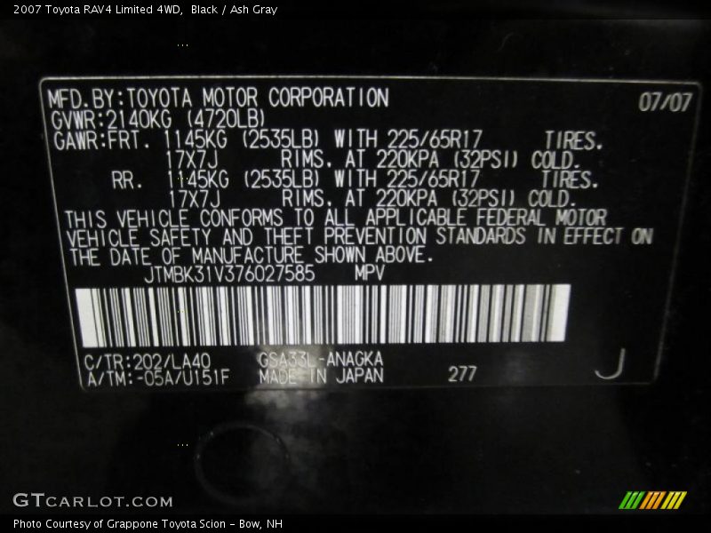 Black / Ash Gray 2007 Toyota RAV4 Limited 4WD