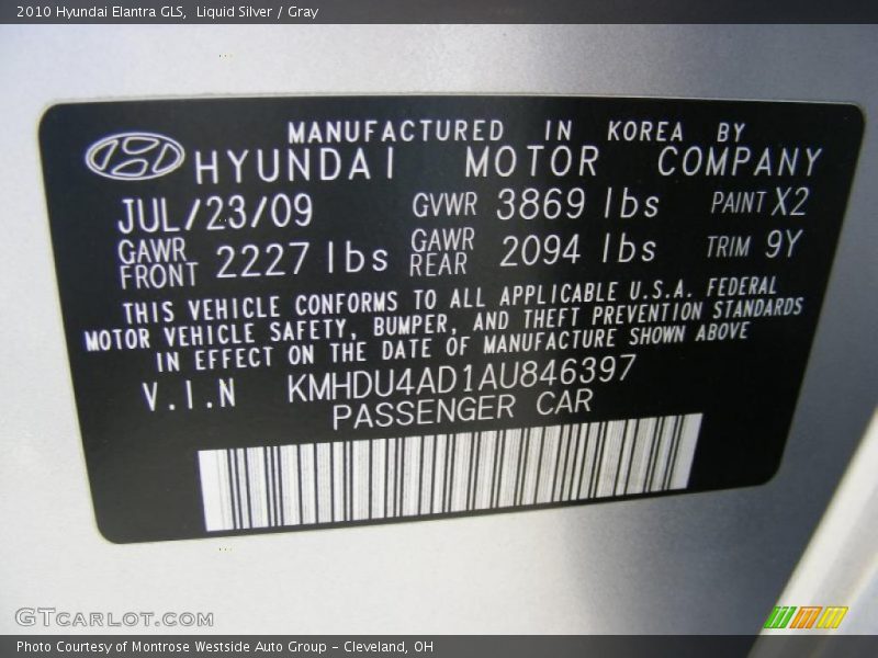 2010 Elantra GLS Liquid Silver Color Code X2