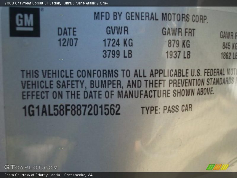 Ultra Silver Metallic / Gray 2008 Chevrolet Cobalt LT Sedan