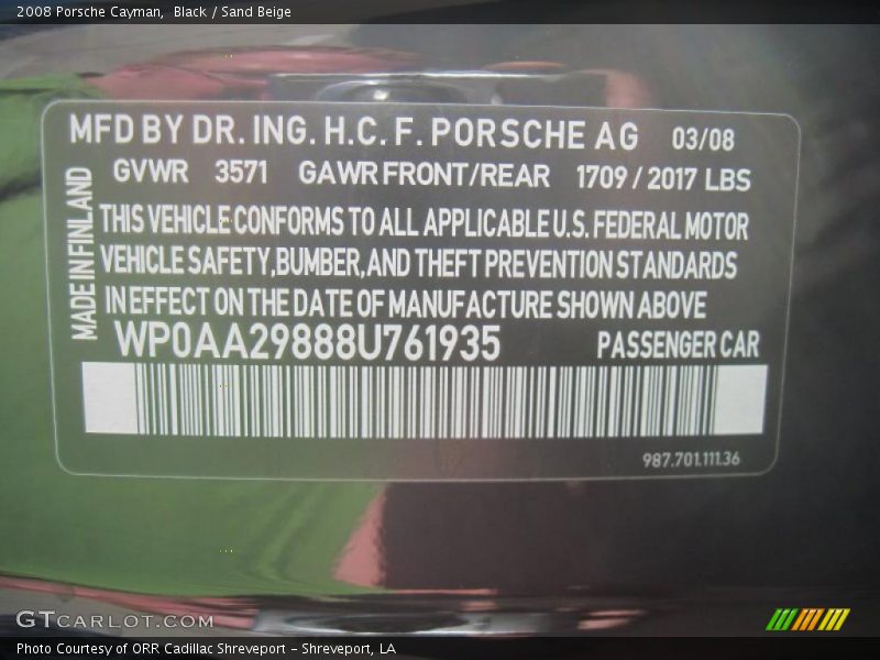 Info Tag of 2008 Cayman 