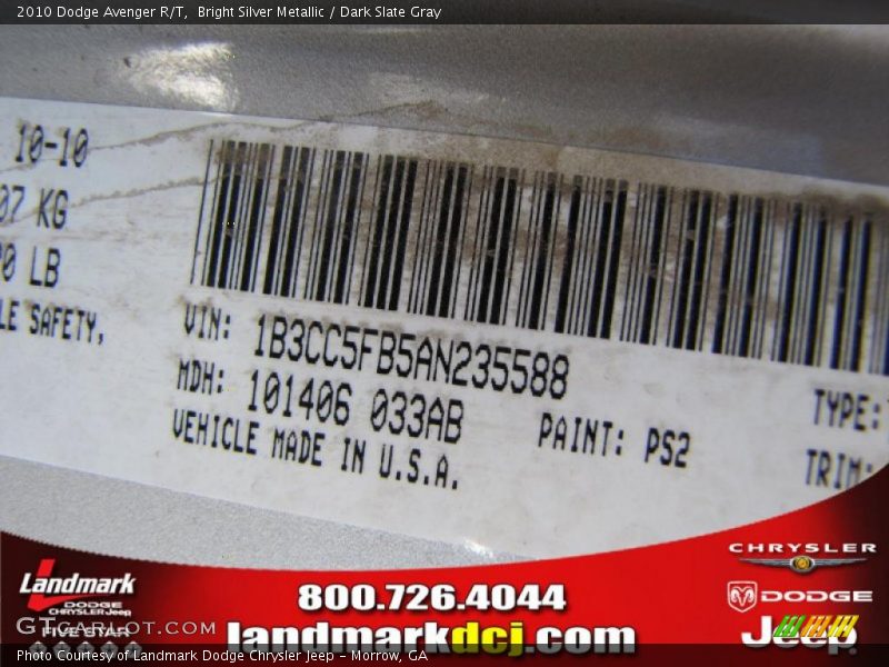 Bright Silver Metallic / Dark Slate Gray 2010 Dodge Avenger R/T