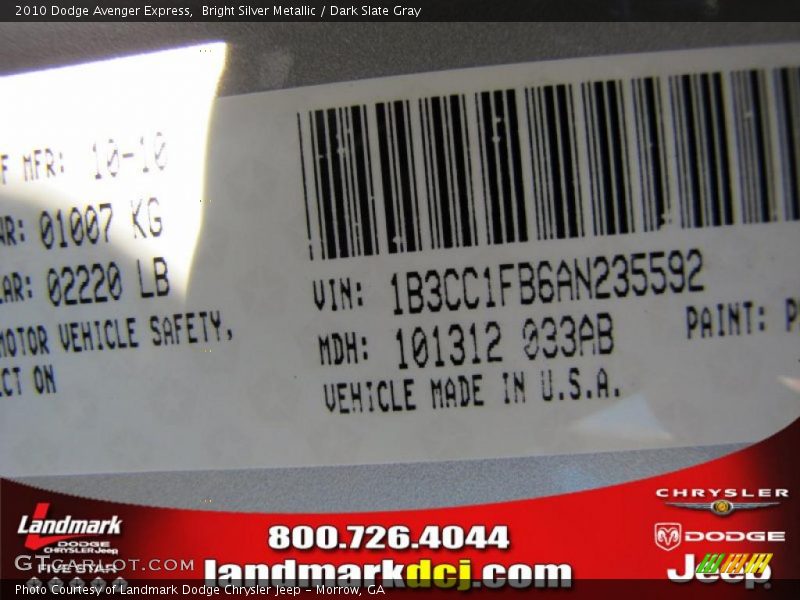 Bright Silver Metallic / Dark Slate Gray 2010 Dodge Avenger Express