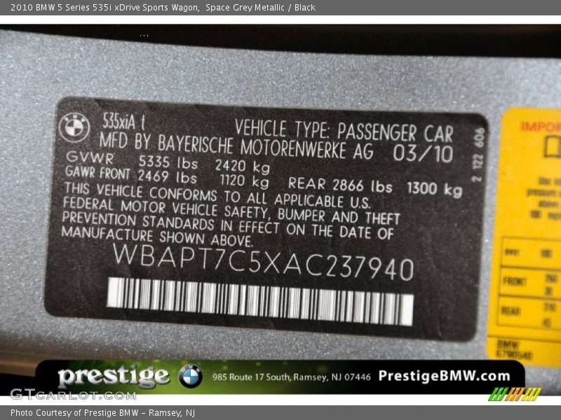 Space Grey Metallic / Black 2010 BMW 5 Series 535i xDrive Sports Wagon