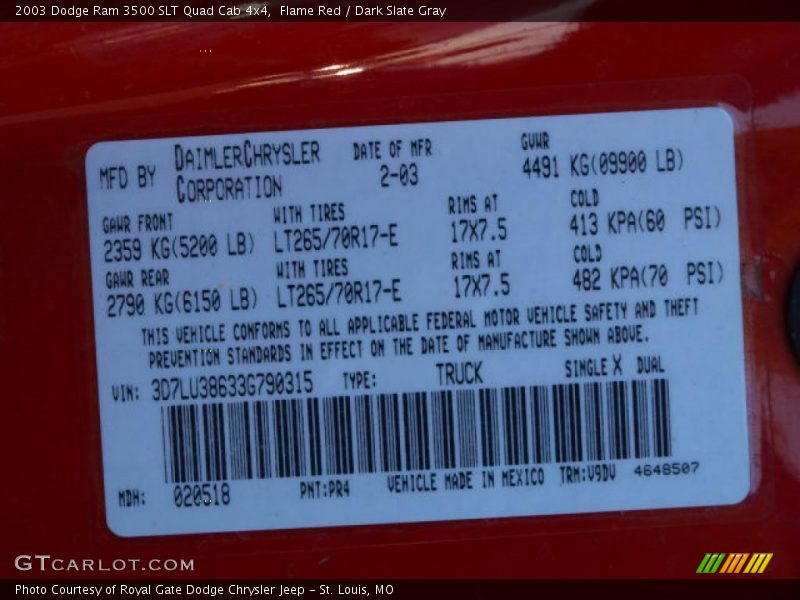 2003 Ram 3500 SLT Quad Cab 4x4 Flame Red Color Code PR4
