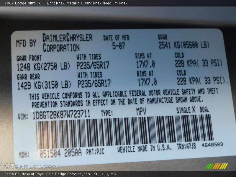 2007 Nitro SXT Light Khaki Metallic Color Code PJC