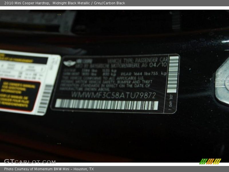 Midnight Black Metallic / Grey/Carbon Black 2010 Mini Cooper Hardtop