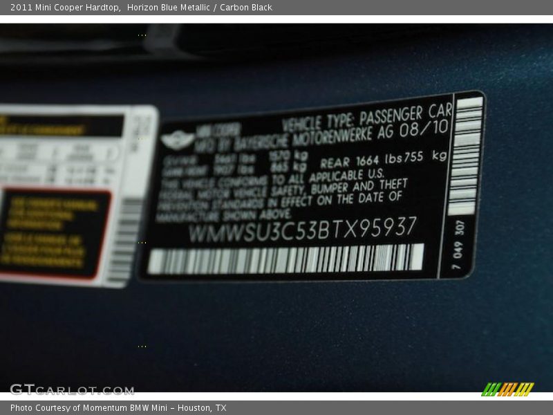 Horizon Blue Metallic / Carbon Black 2011 Mini Cooper Hardtop