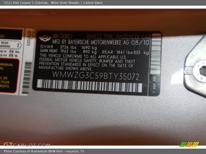 White Silver Metallic / Carbon Black 2011 Mini Cooper S Clubman