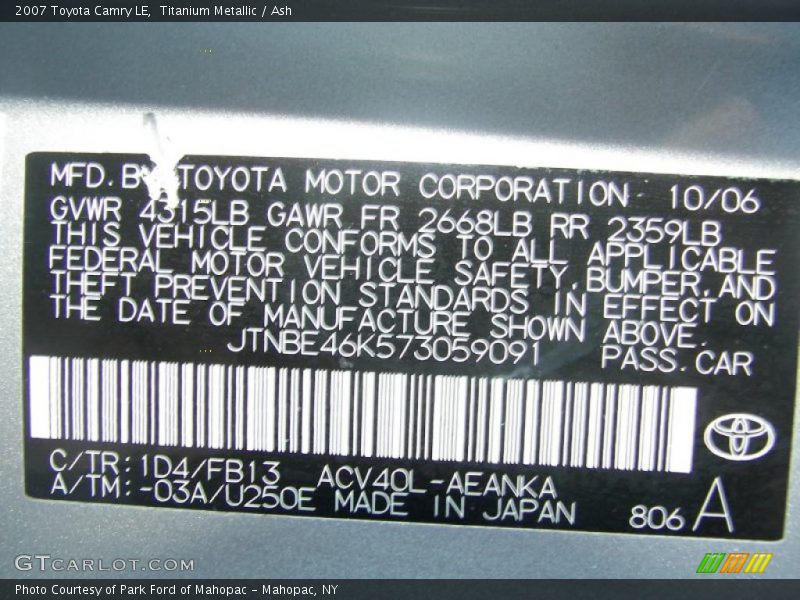 Titanium Metallic / Ash 2007 Toyota Camry LE