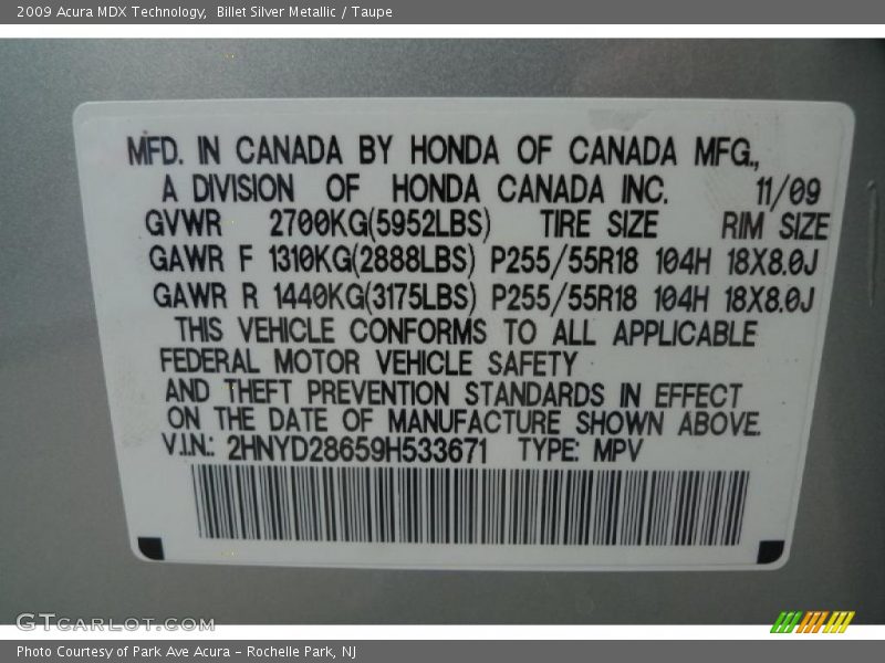 Billet Silver Metallic / Taupe 2009 Acura MDX Technology