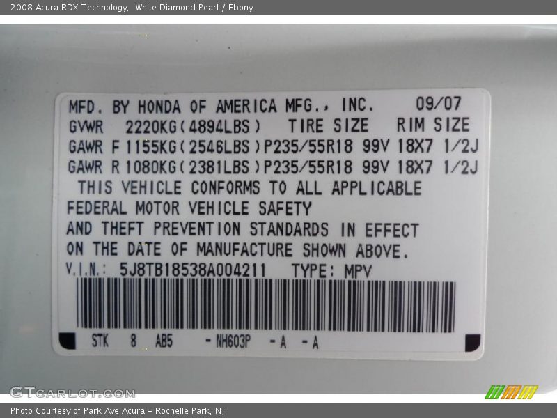 White Diamond Pearl / Ebony 2008 Acura RDX Technology