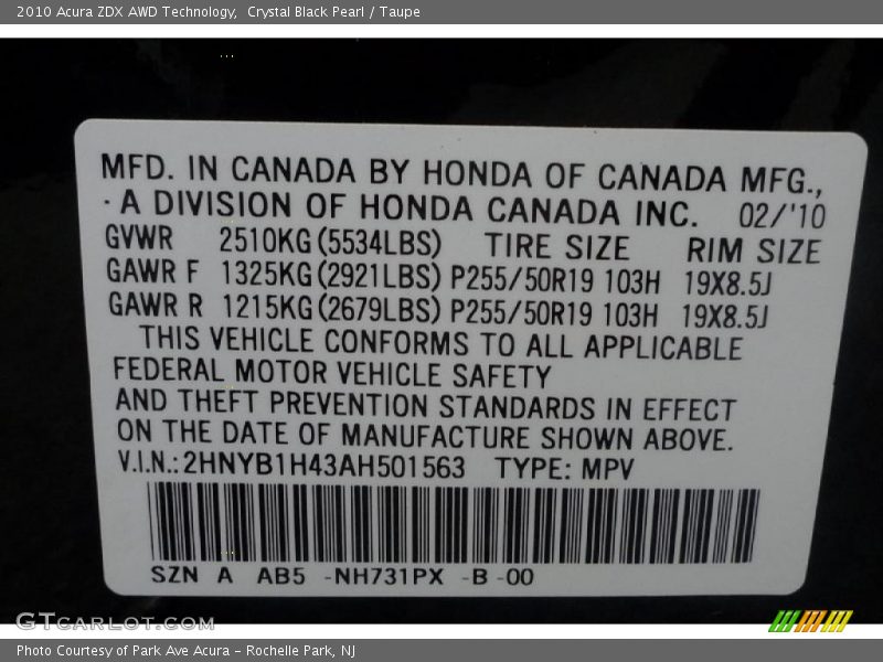Crystal Black Pearl / Taupe 2010 Acura ZDX AWD Technology