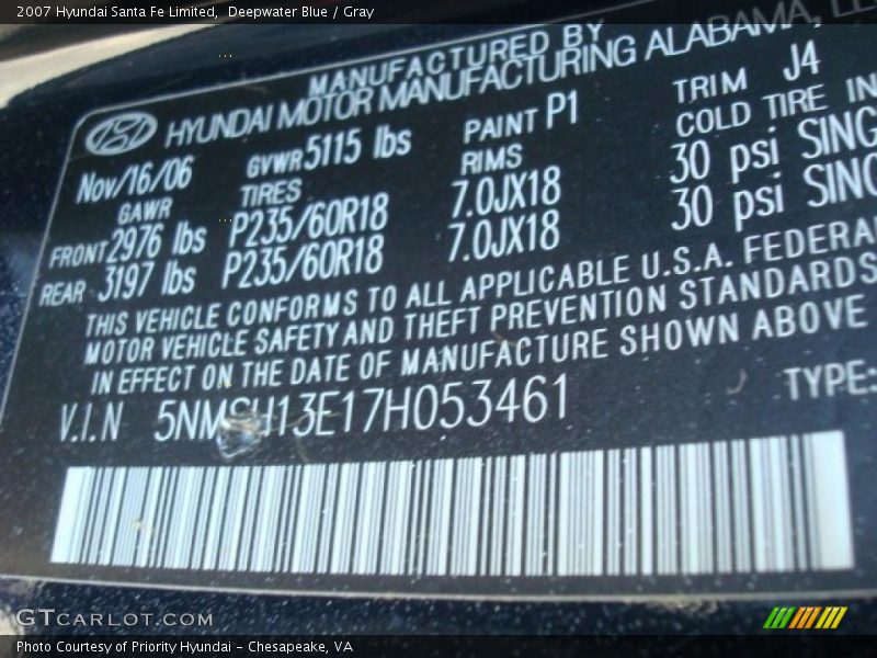 Deepwater Blue / Gray 2007 Hyundai Santa Fe Limited