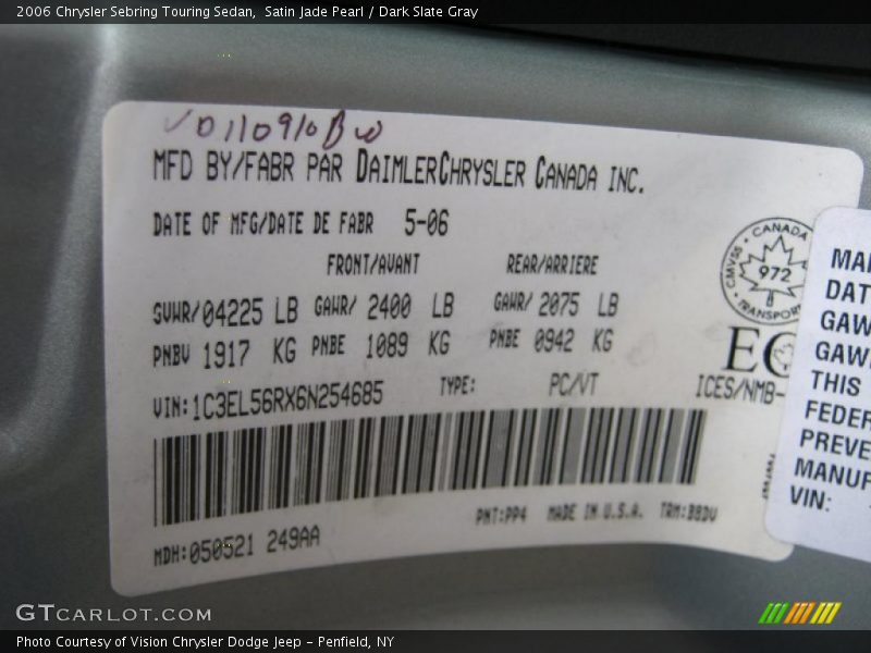 Satin Jade Pearl / Dark Slate Gray 2006 Chrysler Sebring Touring Sedan