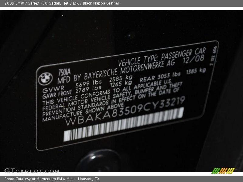 Jet Black / Black Nappa Leather 2009 BMW 7 Series 750i Sedan